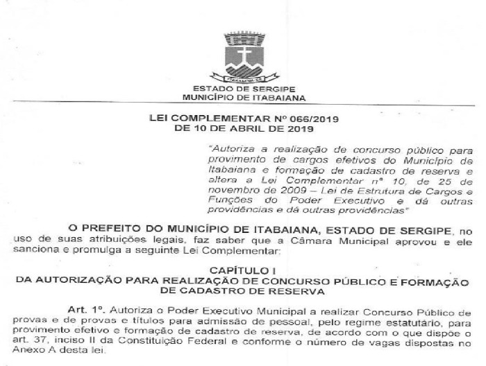 Prefeitura de Itabaiana publica Lei no Diário Oficial que autoriza realização de concurso público